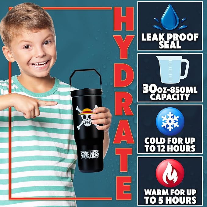 Get Trend One Piece Tumbler with Straw 30oz Kids Teens Insulated Cup with Lid Handle Travel Mug Cups with Lids for School Sports Anime Gifts for Kids (Black One Piece)