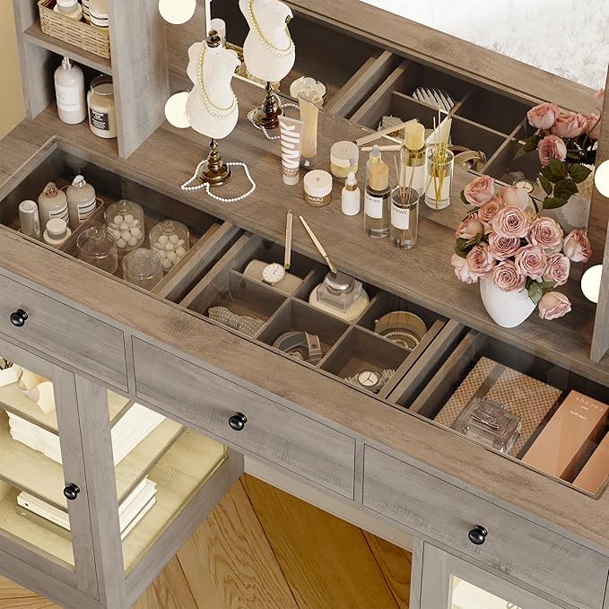 Makeup Vanity Desk with Mirror and Lights, Grey Vanity with Glass Top, LED Lights & Power Outlet, 3 Drawers & 2 RGB Glass Cabinets, Adjustable Lighted Dressing Table for Women & Girls Bedroom