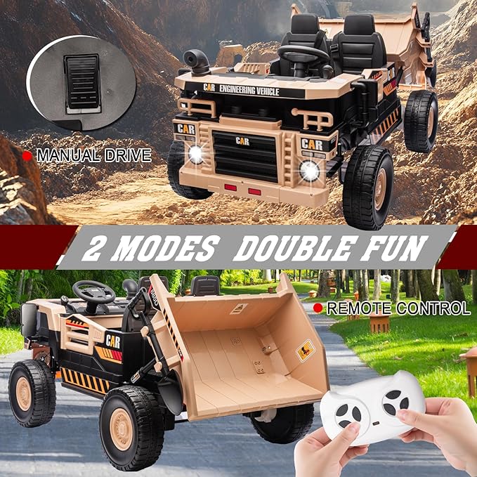 24V 4WD 2-Seater XL Kids Ride on Truck Electric Toy Car with Electric Dump Bed, Parents Remote Control Kids Car Tractor Toys Ride-on Dump Truck for Boys and Girls Ages 3+, Khaki