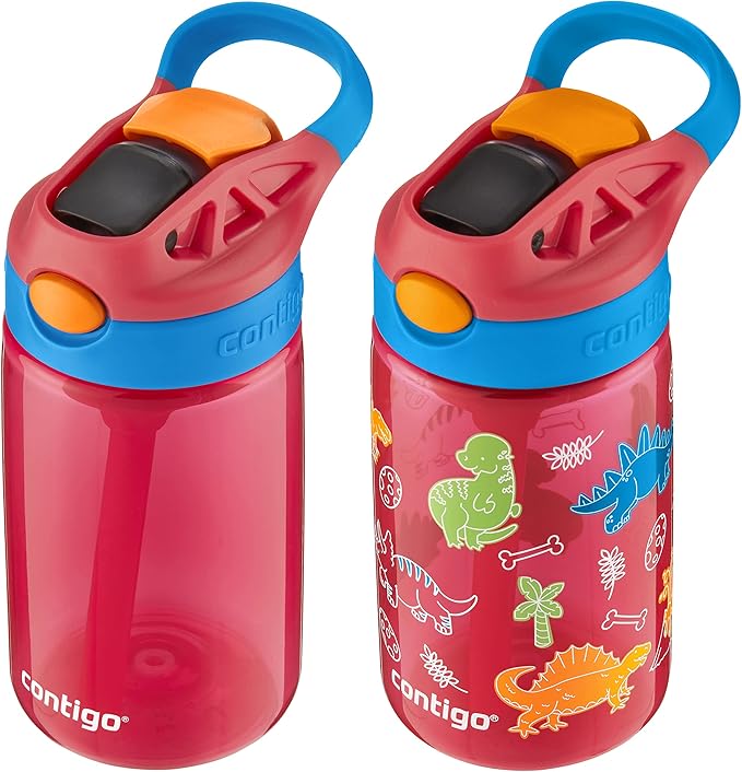 Contigo 14oz Kids Cleanable Water Bottle with Silicone Straw and Spill-Proof Lid, 2-Pack in Watermelon & Dinos, Dishwasher-Safe