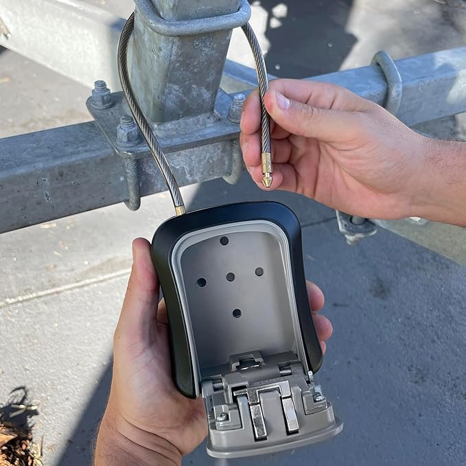 Iron Lock® Portable Key Lock Box and Wall Mounted with Removable Cable Shackle Outdoor Waterproof 4 Digit Combination with Resettable Code with A B Switch Key Lockbox for Outside (Medium, Grey)