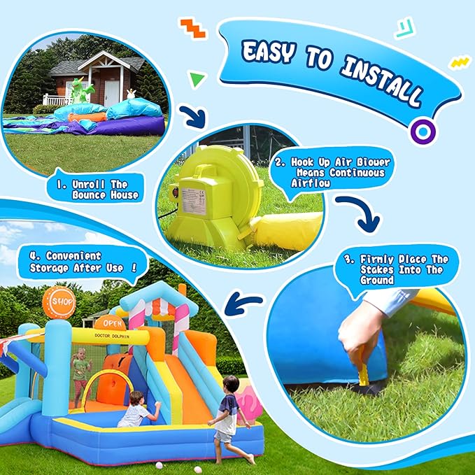 Doctor Dolphin Inflatable Bounce House for Kids Fun, Double Slide Jumping Inflatable Bouncer Blow Up Toddler Bouncy House for Kids 2-12 with Blower Use for Indoor&Outdoor