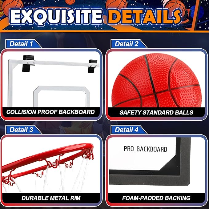 Mini Basketball Hoop Set for Kids Adults, Indoor Play Wall Mount Basketball Hoop for Door with 4 Small Replacement Toddler Basketballs, ABS Backboard Metal Rim Goal Sport Gifts for Pool Game Fun