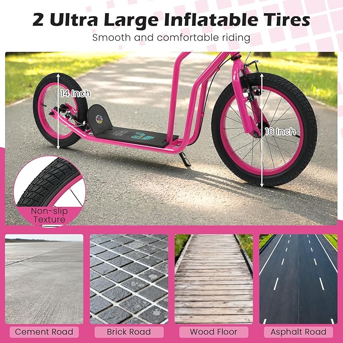 GYMAX Youth Scooter, Height Adjustable Kick Scooters with Extra Large Inflatable 16” Front & 14” Rear Wheels, Dual Hand Brakes & Kickstand, Heavy Duty Scooter for Teens Adults
