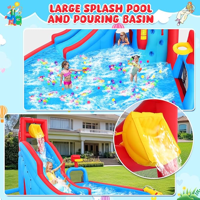 ROOJER Inflatable Water Slide for Kids Backyard 9-in-1 Blow Up Water Park with 470W Blower, Dump Bucket, Adventure Play Tunnel, Splash Pool, Climbing Wall, Cannon, Goal Shooting Zone, Basketball Hoop