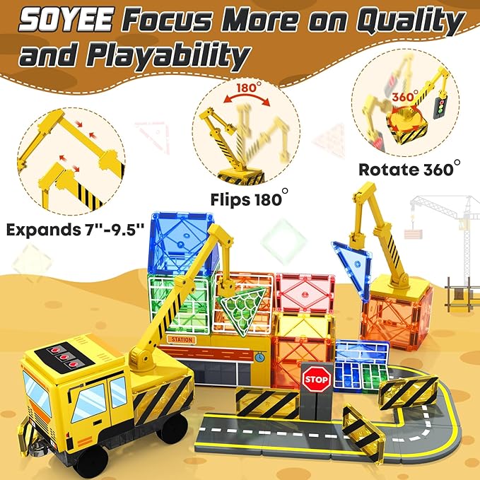 Soyee Magnetic Tiles Magnetic Construction Toys with 2 Cranes Boys Toys for Ages 3-5 5-7 Magnet Building Blocks Chritmas Gifts Boys Sensory Autism Montessori Toys Gift for 3+ Year Old