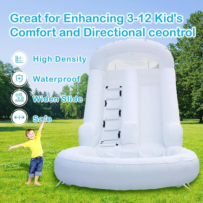 16FT White Inflatable Water Slide 100% Thickened PVC Swimming Pool Tool Heavy-Duty Outdoor Swimming Pool Party Entertainment Equipment with Slide and Reservoir (Equipped with Air Pump and Water Pipe)