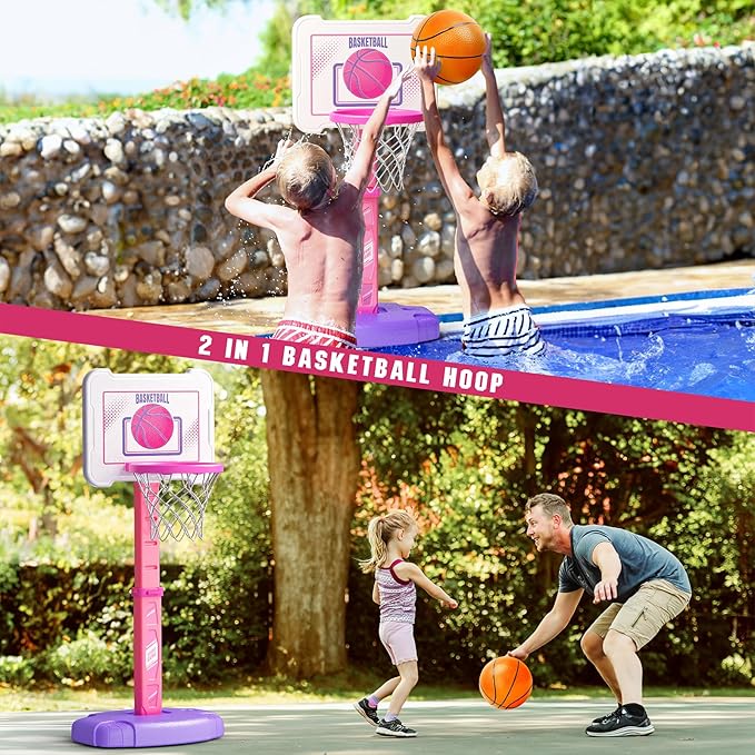 Toddler Basketball Hoop Indoor for Age 1-3, Height Adjustable Poolside Basketball Hoop with 3 Balls, Mini Basketball Hoop Sport Toys Birthday for Toddler Girl 1 2 3 4 Year, Pink