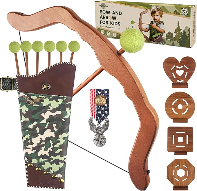 Kids Bow and Arrow Set - Wooden Bow Archery Toy in Camouflage for Ages 3+ with 6 Arrows, 4 Targets, Leather Quiver & Brooch | Indoor/Outdoor Kids Toys for Boys & Girls