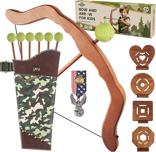 Kids Bow and Arrow Set - Wooden Bow Archery Toy in Camouflage for Ages 3+ with 6 Arrows, 4 Targets, Leather Quiver & Brooch | Indoor/Outdoor Kids Toys for Boys & Girls