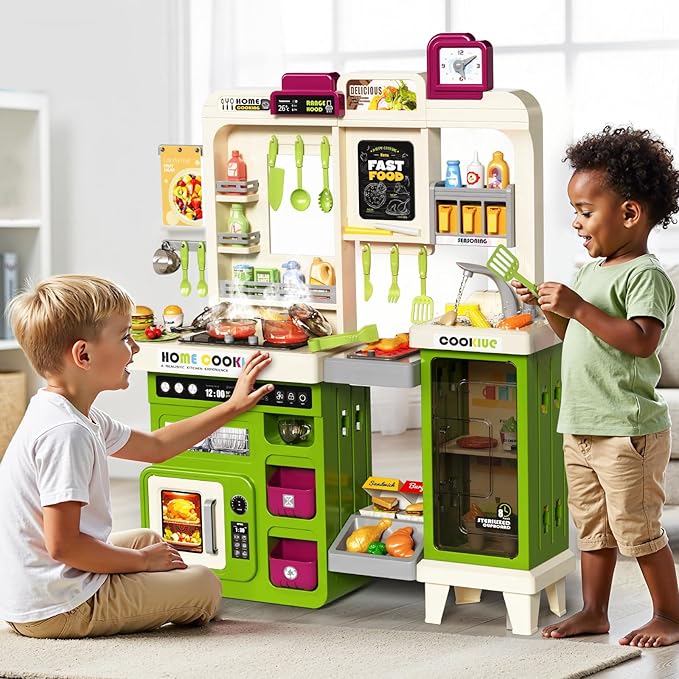 Kids Kitchen Playset, Play Kitchen with Electric Stove, Grill, Sink, Play Food, ToyKitchen Accessories, Kitchen Interactive Play with Lights Sound Steam, Cooking Toys for Toddler Kid Gifts