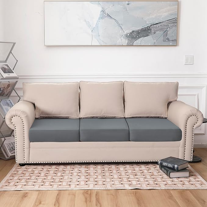 100% Waterproof Couch Cushion Covers, Replacement Sofa Cushion Covers, Stretch Individual Sofa Seat Cushion Slipcovers Furniture Protector for Kids Pets (3-Piece Sofa Cushion Cover, Grey)