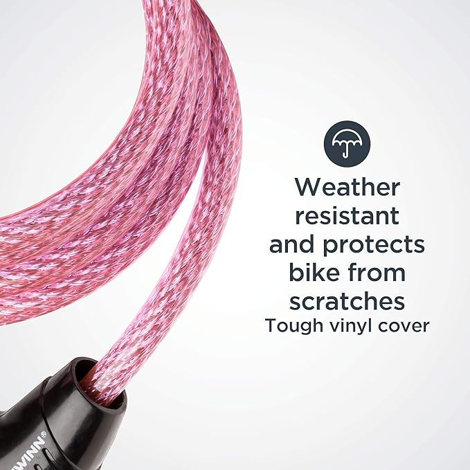 Schwinn Combination Bike Lock in Braided Steel Cable, 5 feet x 8 mm Anti Theft Bicycle Lock, Pink, Security Level 1