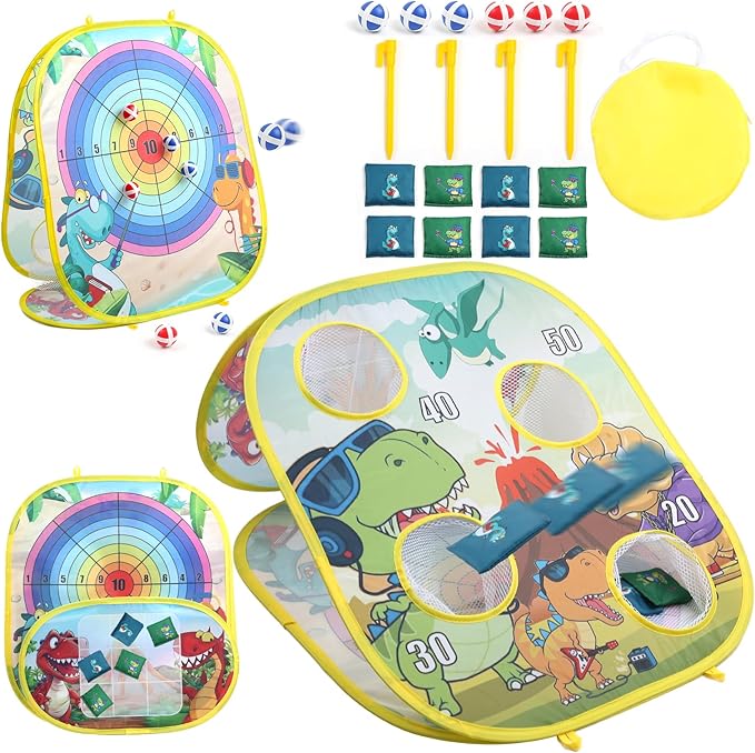3 in 1 Bean Bag Toss Game Dartboard Set Foldable Pop Up Cornhole Board Balls, Bean Bags, Ball Tart Indoor Outdoor Toys for Kids Ages 3+, Birthday/Xmas Party Games