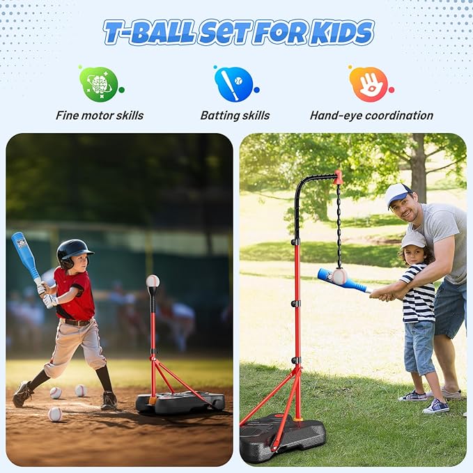 HopeRock 2 in 1 Kids Basketball Hoop and T Ball Set, Adjustable Basket Ball Stand,Hanging Tee Baseball for Toddlers Boys Girls Ages 2 3 4 5 6 7 8 Years Old, Outdoor Toys Gifts