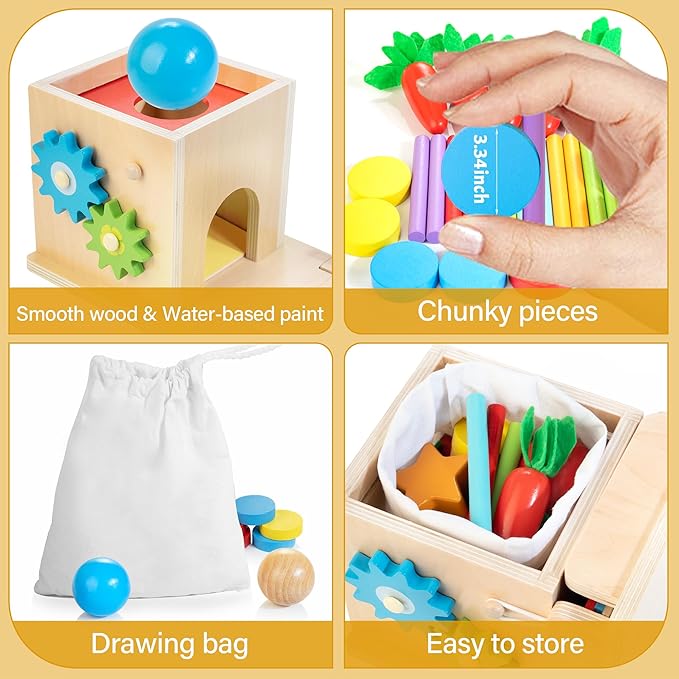 Kizfarm Wooden Montessori Baby Toys, 8-in-1 Wooden Play Kit Includes Object Permanent Box, Coin Box, Carrot Harvest, Shape Sorting & Stacking - Birthday Gift for Boys Girls Toddlers