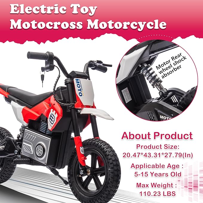 Electric Motorcycle for Kids Ages 5-10, 24V 200W Higher Speed Electric Dirt Bike, Kids Ride On Motorcycle with Rear Wheel Shock Absorber, LED Breath Light, Bluetooth, Music, Horn, Red