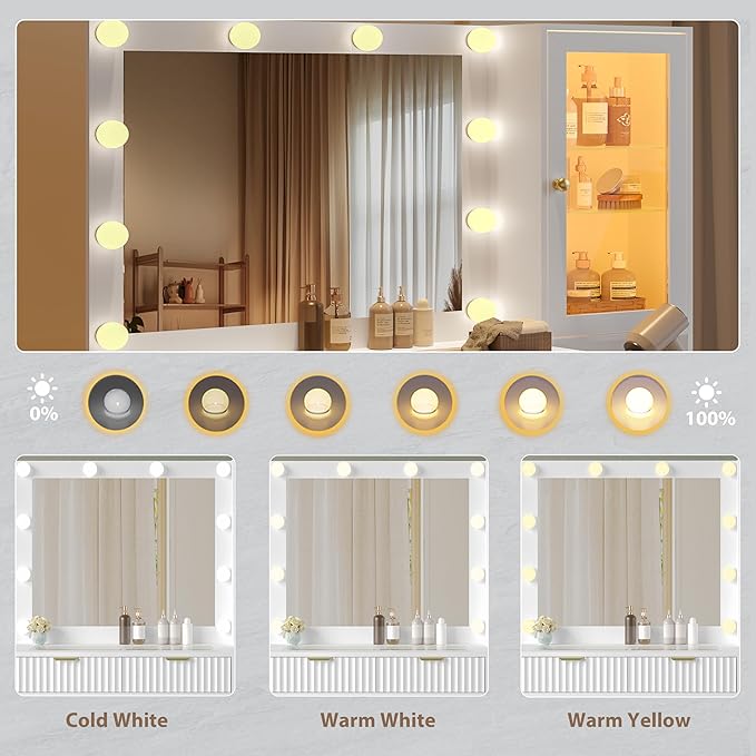 Makeup Vanity Desk with Mirror and Lights, 45" Fluted Wood Vanity Desk with Glass Top, 5 Drawers & RGB Glass Cabinet, Power Outlet, Mid Century Modern Dressing Table Set for Women Girls Bedroom