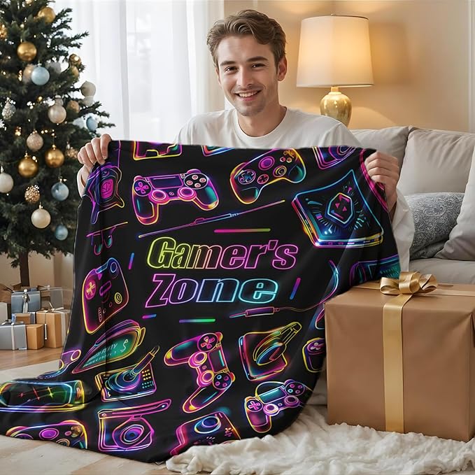 Gaming Blanket - 40x30 Inches Small Gamer Blanket for Boys, Girls - Soft Warm Cozy Flannel Game Themed Stuff for Chairs, Office, Sofa - Black Cool Fuzzy Gifts for Gamer Lovers