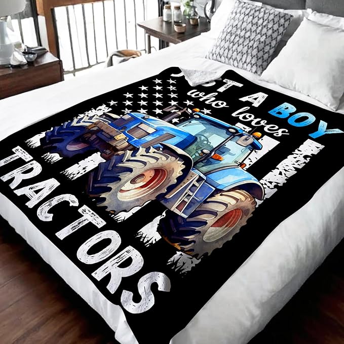 Tractor Blanket for Boys Men, Cute Farm Trucks Throw Blanket Gifts for Kids Adults, 60x80 Inches Black Soft Flannel Car Blankets for Couch Sofa,Tractor Decor for Bedroom