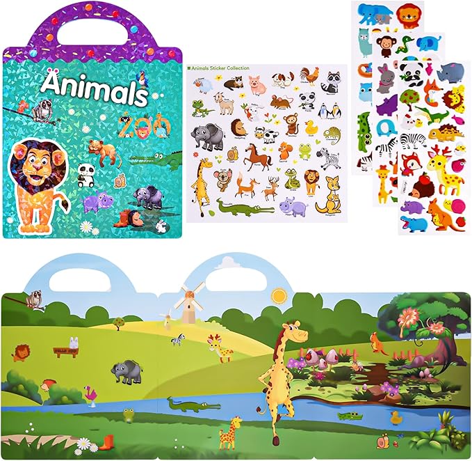 ASTARON Reusable Sticker Book for Toddlers, 88 Pcs Animal Stickers Road Trip Activities Car Airplane Activities Travel Toys for Kids, Kids Quiet Time Activities (3-6 Age)