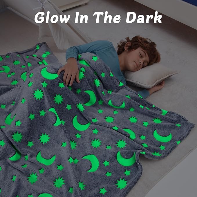 QSTEHEML Moon Glow in The Dark Blanket,Star Gifts Toys for Kids Boy Birthday Christmas Bedroom Decor for Age 3-12 Years Old Toddler Teens Child Grandkids Soft Luminous Blanket 50"×60"