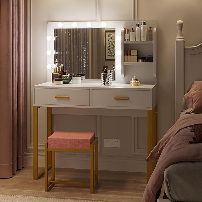 Makeup Vanity Desk with Lights,White Vanity with Lighted Mirror,Vanity Desk with 2 Storage Drawers,Vanity Set with Bench