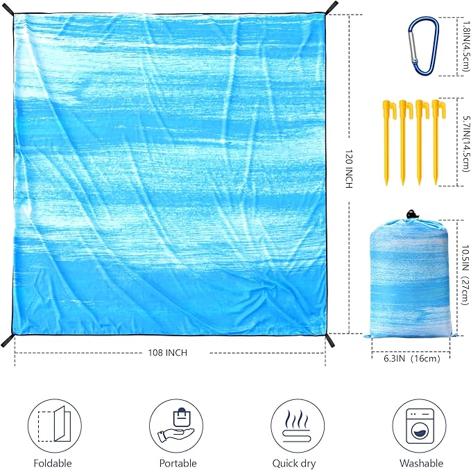 Beach Blanket Waterproof Sandproof Beach Mat 79" X 83"/10'x9'for 2-8 Adults Quick Drying Outdoor Picnic Mat Beach Accessories for Travel, Camping, Hiking