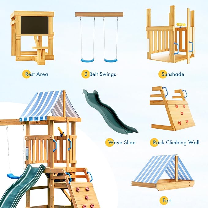 ROBUD Swing Sets for Backyard, Wooden Swing Set, All-in-One Kids Outdoor Play Equipment with Two Swings, Slide, Rock Climbing Wall, Blackboard, Telescope, Fort, Outdoor Playset for Kids & Toddlers