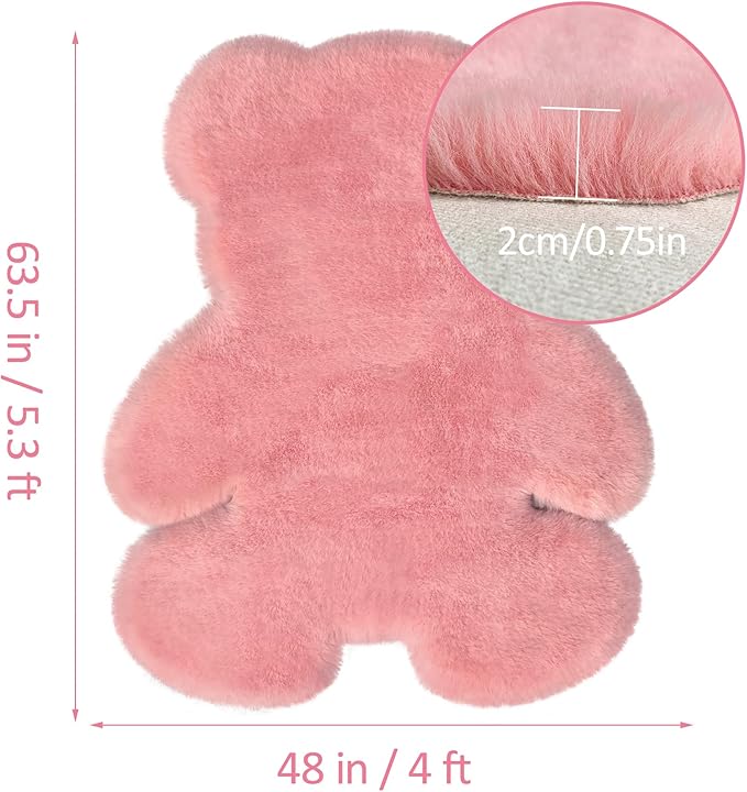 4x5.3 ft Pink Bear Shaggy Large Rug, Soft Fluffy Faux Sheepskin Fur Rug Fuzzy Shag Area Rug Cute Plush Carpet for Nursery Kids Girls Bedroom Room Aesthetic Living Room Floor Home Decor, Pink