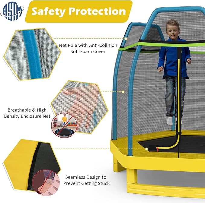 GYMAX Trampoline for Kids, 7FT Toddler Trampoline with Safety Enclosure Net & Seamless Spring Pad, Heavy Duty Small Indoor/Outdoor Trampoline for Boys, Girls Age 3+
