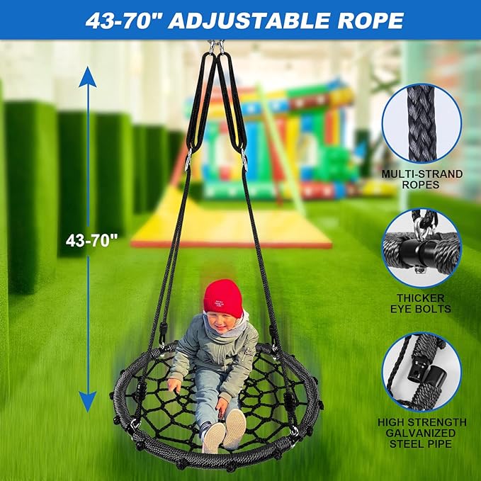 Odoland Spider Web Platform Swing, Outdoor Saucer Net Swings, 900D Oxford for Kids & Adults - Backyard Round Swing with Rope Straps & Turnbuckle, 24in, Black