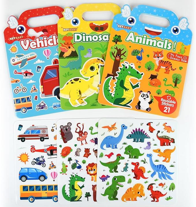 ASTARON 3 Pack Reusable 3D Puffy Sticker Book for Kids 3-6, Jelly Sticker Game Educational Sensory Learning Toy, Travel Toys and Busy Book(Little Wings Handle)