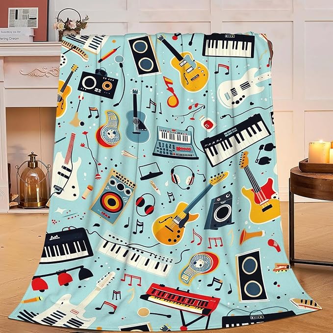 Music Blanket Musical Instruments Note Throw Blanket Gifts for Music Lovers Adults Men Women Kids Boys Girls Super Soft Cozy Plush Fluffy Fuzzy Fleece Blanket Home Decor 50''X60''