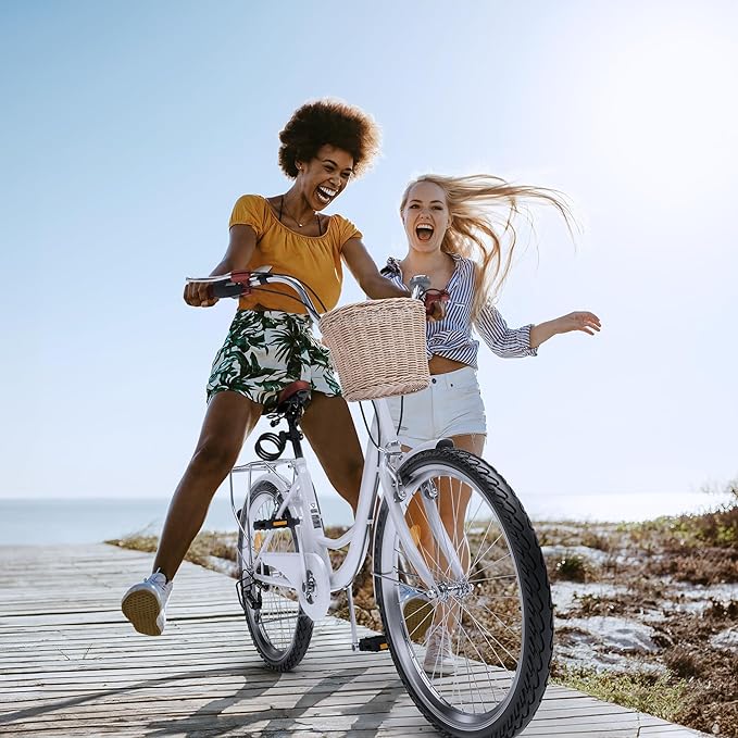 YITAHOME Beach Cruiser Bike for Women, 24 & 26 inch Commute Bike for Adults, 1 & 7 Speed Womens Bicycle with Basket Adjustable Seat, Multiple Color
