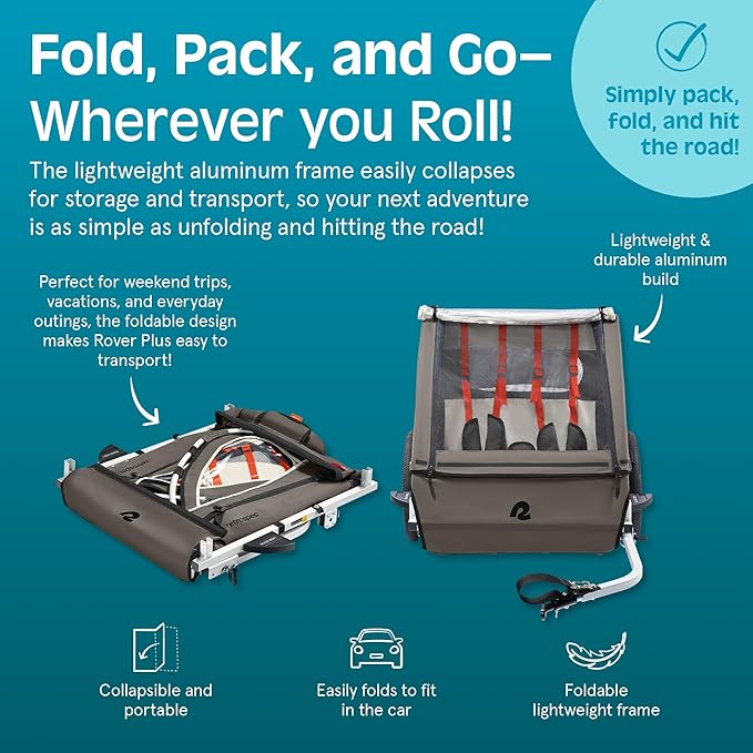 Retrospec Rover Plus Foldable Bike Trailer for Kids, Single/Double Passenger Child Bike Trailer with 5-Point Safety Harness, Reflective, Weather-Resistant Fabric and Safety Flag - Supports 40-80 lbs