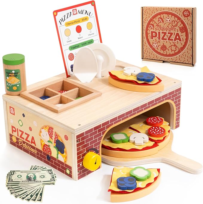 Wooden Pizza Toy - Montessori Pretend Play Food for Ages 3+, Educational Learning Toy Wooden Playset with Bake Oven, Christmas Birthday Gift for 3 4 5 6 Year Old