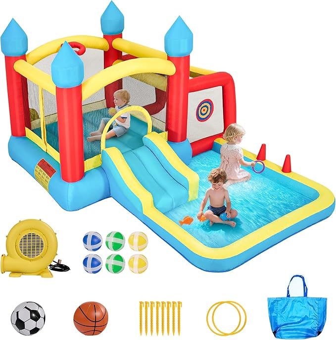 Inflatable Bounce House for Kids 3–6, 6-in-1 Bouncy House with Slide and Blower, Ball Pit, Climbing Wall, Basketball & Soccer Play, Inflatable Castle Gift for Kids Indoor Outdoor Backyard Party Fun
