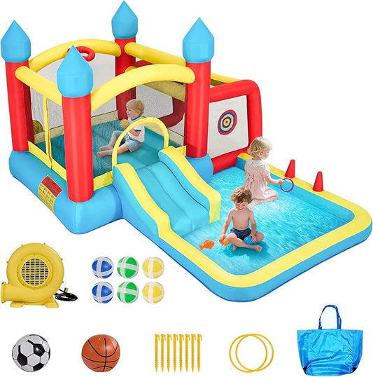 Inflatable Bounce House for Kids 3–6, 6-in-1 Bouncy House with Slide and Blower, Ball Pit, Climbing Wall, Basketball & Soccer Play, Inflatable Castle Gift for Kids Indoor Outdoor Backyard Party Fun