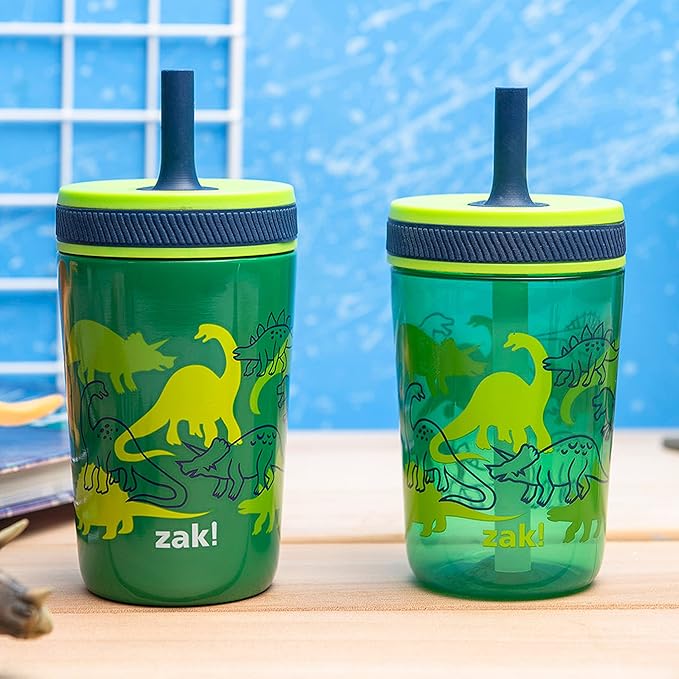 Zak Designs Dino Camo Kelso Tumbler 3pc Set, Leak-Proof Screw-On Lid with Straw, Bundle for Kids Includes Plastic and Stainless Steel Cups with Additional Sipper