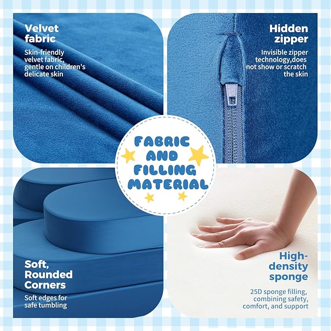 12 Pcs Modular Kids Play Couch, Toddler Couches That Fold Out, Plush Foam Chair for Children’s Playroom, Velvet Fabric Convertible Foam and Floor Cushion for Boys and Girls (Blue,07)