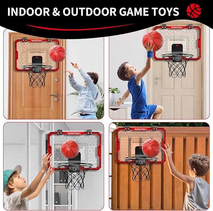 Basketball Hoop Indoor for Kids, Indoor Basketball Hoop with 4 Balls & 3 Modes Scoreboard for Kids Teens 3-5 6-8 8-12, Basketball Toys Teen Boy Gifts for 3 4 5 6 7 8 9 10 11 12 Year Old Boys