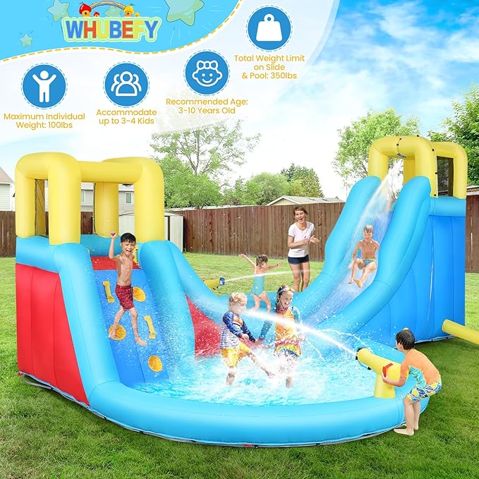 WHUBEFY Inflatable Water Slides for Kids - Blow Up Water Park with Climbing Wall, Water Gun, 2 Pool Slides