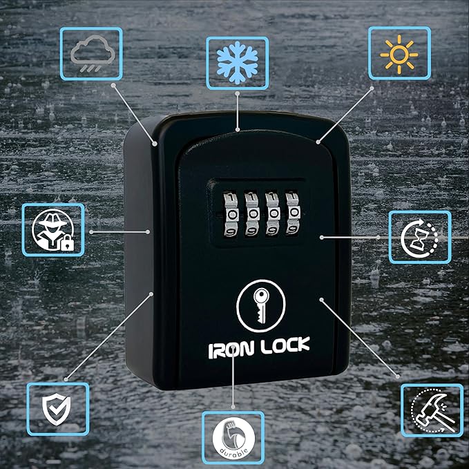 Iron Lock® Wall Mount Key Lock Box with 4-Digit Combination, Resettable Code, A B Switch, and 5-Key Capacity - Indoor/Outdoor Waterproof Lockbox for House Keys and Spare Keys (Small, Black)