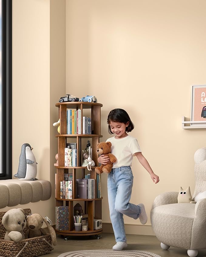 4-Tier Solid Wood Rotating Bookshelf on Wheels, 360° Spinning Book Shelf Tower, Round Revolving Bookcase Organizer, Rolling Bookshelves for Small Spaces, Corner, Bedroom, Kids Room, Office, Walnut