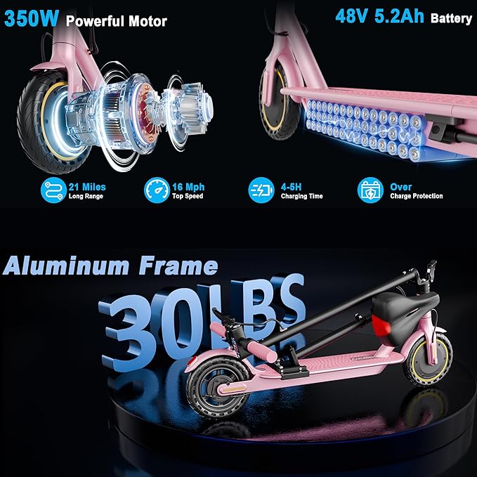 Electric Scooter, Folding E Scooter for Adults with Seat, 350W Motor, 8.5" Tire, 19MPH, 21Mile Long Range Lightweight Teens Commuting Sit Down Escooter with App, Bluetooth, Dual Brake (Seat Optional)