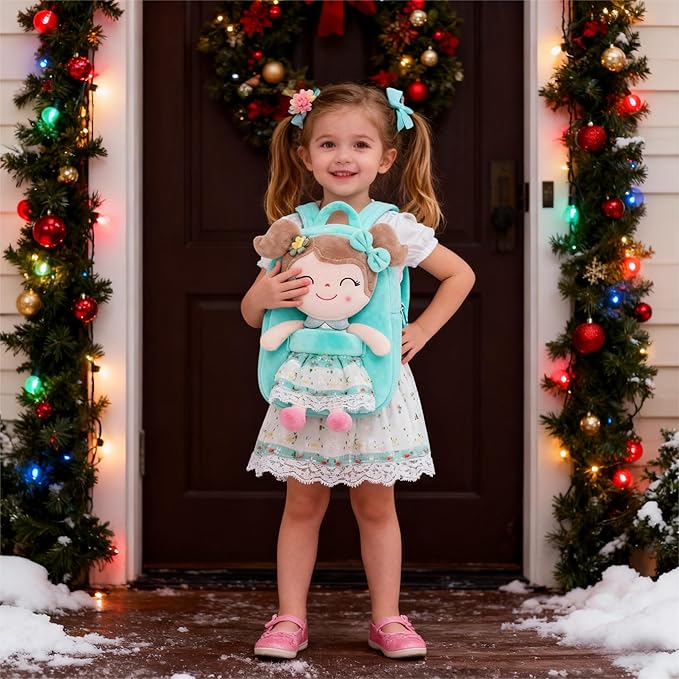 Gloveleya Kids Backpacks Girls Backpack Plush Bags with Soft Baby Doll Green 9"