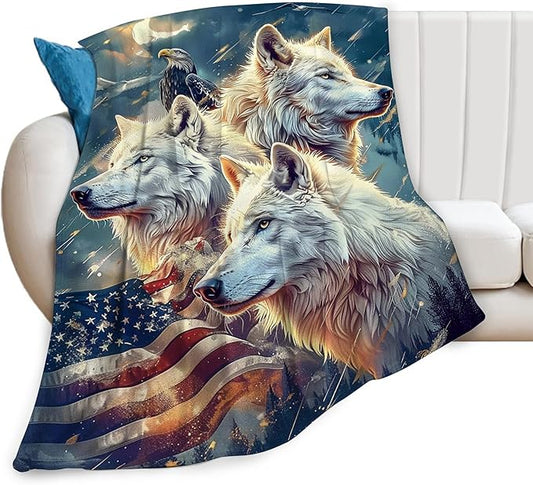 American Wolf and Eagle Throw Blanket With Flag Design - Soft Warm Fleece for Couch, Sofa, Bed - Gift for Women, Men, Girls, Boys - 50"x40"
