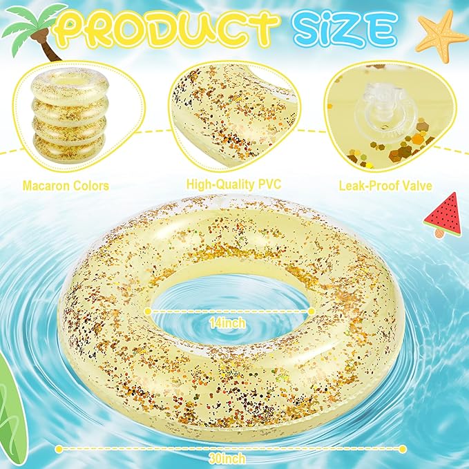 ShinyRelief 4 Pcs Inflatable Glitter Pool Float 30'' Macaron Swim Tube with Gold Confetti Swim Inner Tube for Adults Pool Floats Rings for Summer Beach Swimming Pool Bachelorette Party