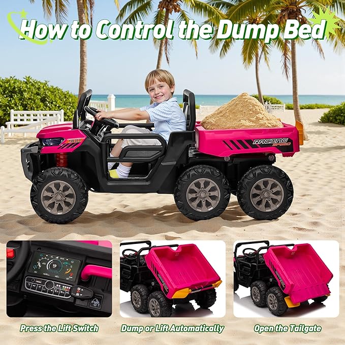24V XL 2 Seater Ride on Dump Truck, 7AH Battery Powered Golf Cart for Kids w/800W Powerful Motors, Remote Control, Detachable Awning, Dump Bed & Shovel, Electric Kids UTV for Boy Girl, Hot Pink